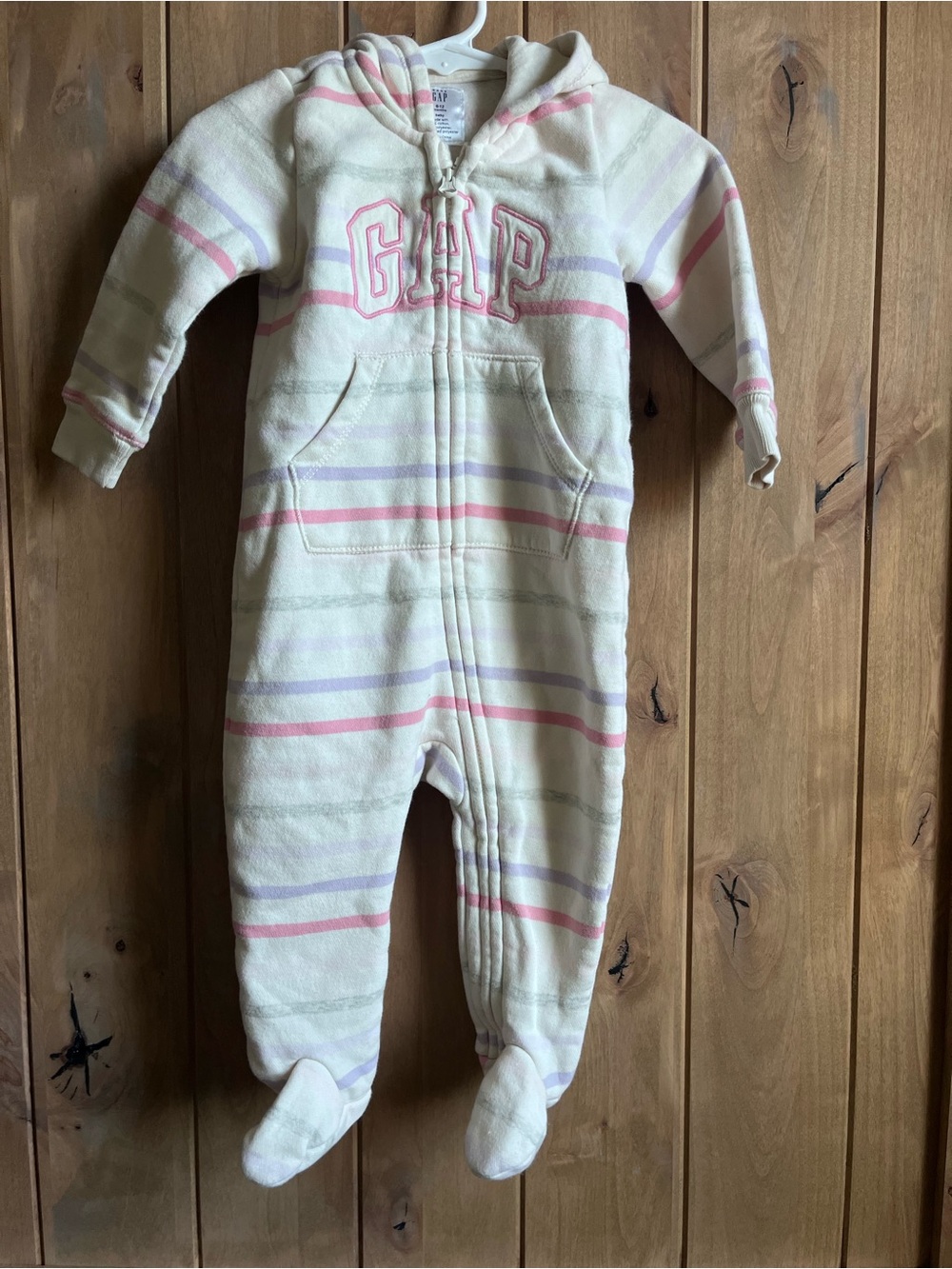 GAP Cream Hooded Footed Stripped zipper onesie - size 6-12 months